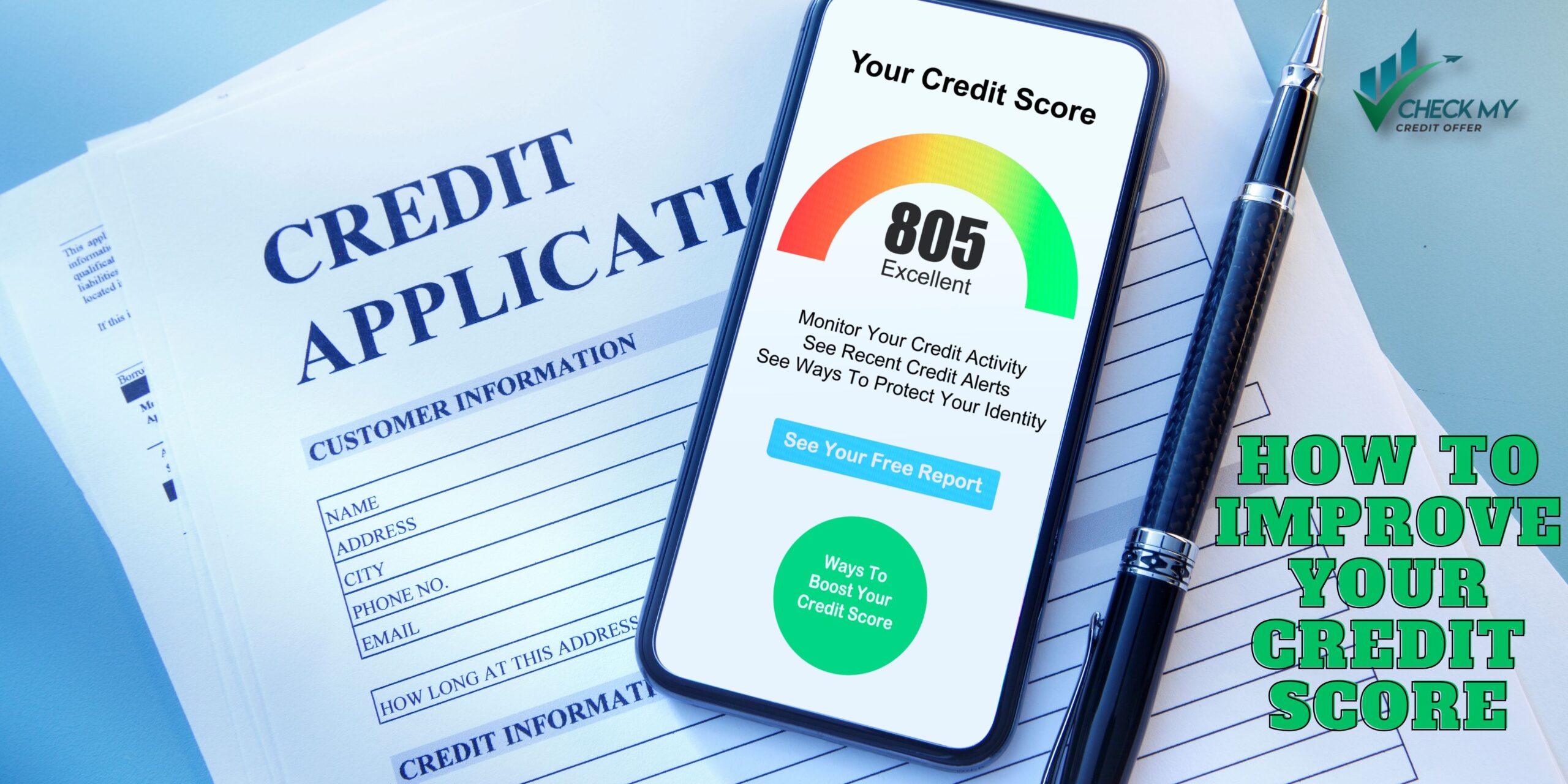 Credit Score guide: gauge from poor to excellent with a credit report and calendar illustrating on-time payments