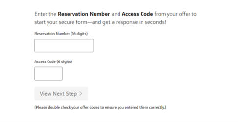 Capital One Reservation Code form showing fields for a 16-digit Reservation Number and 6-digit Access Code with a “View Next Step” button.