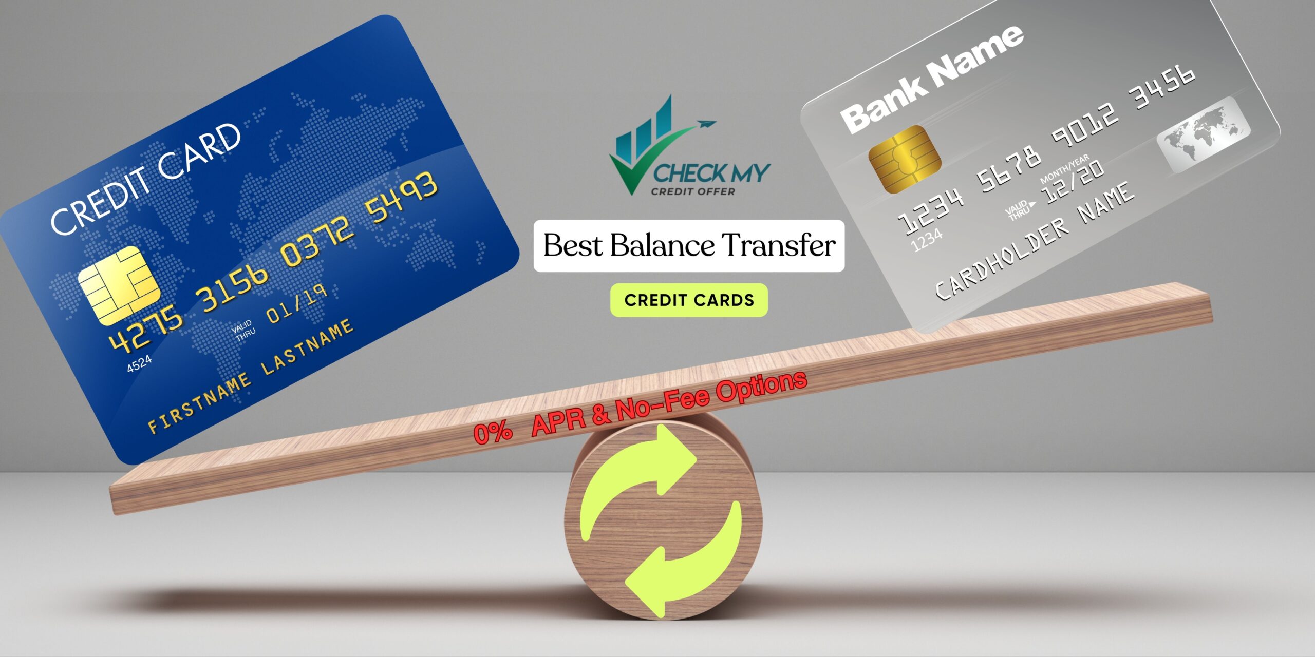 Balance transfer credit cards illustration showing two credit cards on a seesaw with 0% APR and no-fee options.