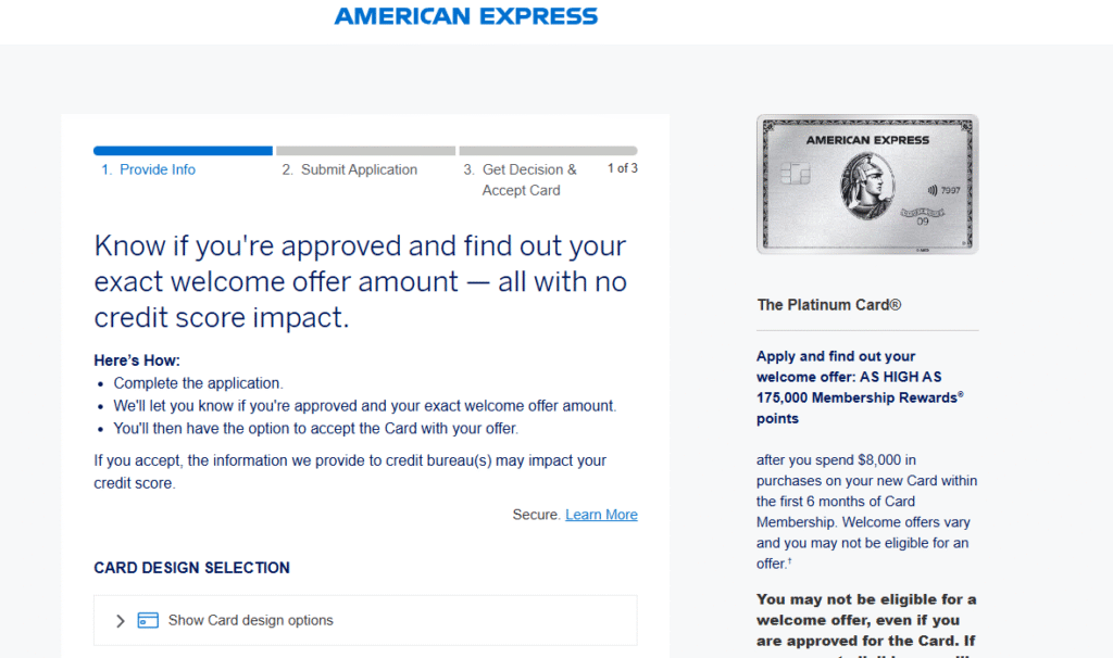 Official Amex Platinum Card application page with welcome offer details and apply form