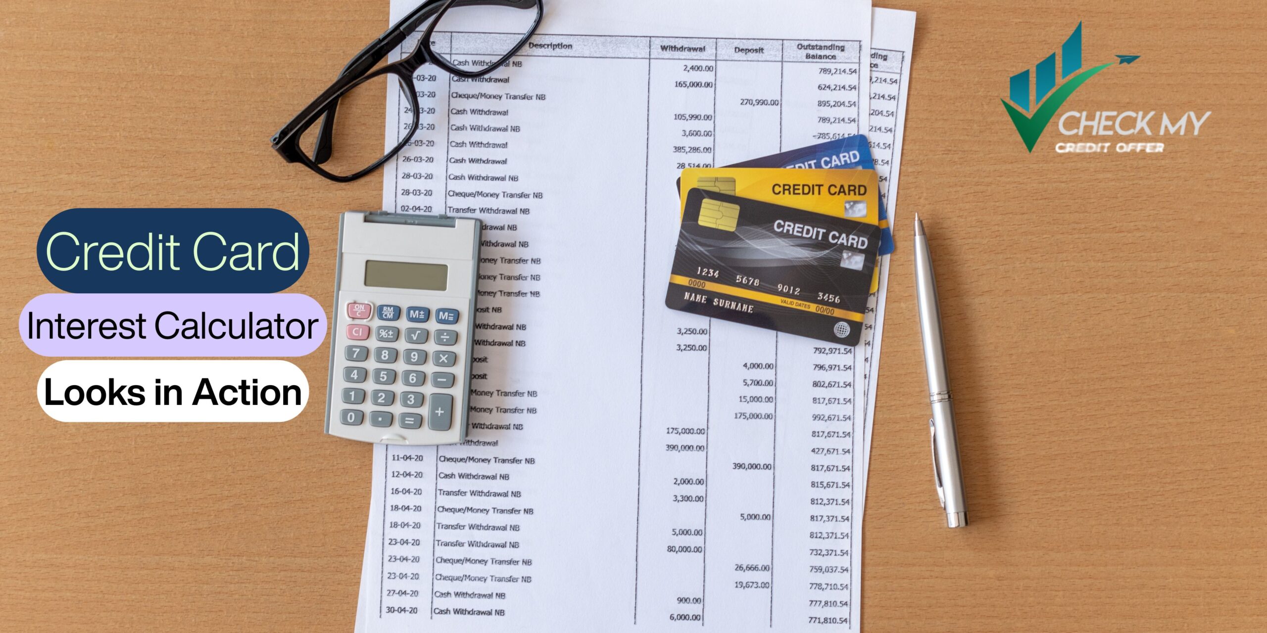 Credit card interest calculator illustration showing APR, daily rate, and monthly charges